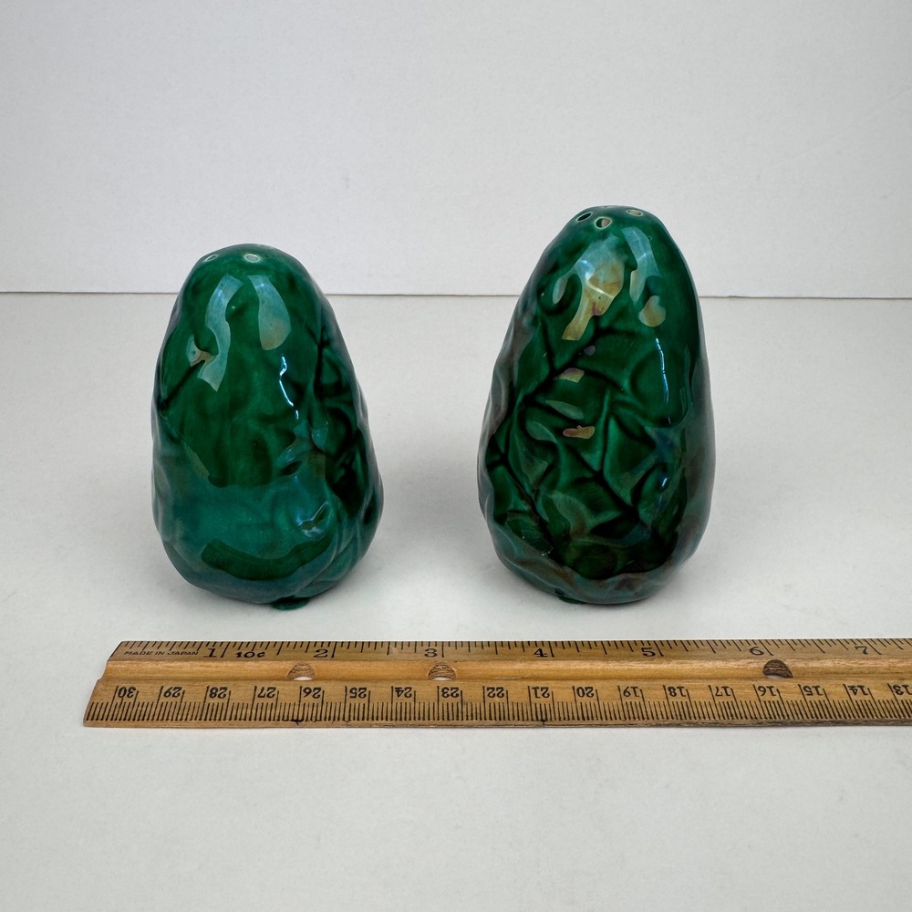 Vtg Ceramic Salt Pepper Shaker Green Holly Leaves Leaf Christmas Holiday‎ READ